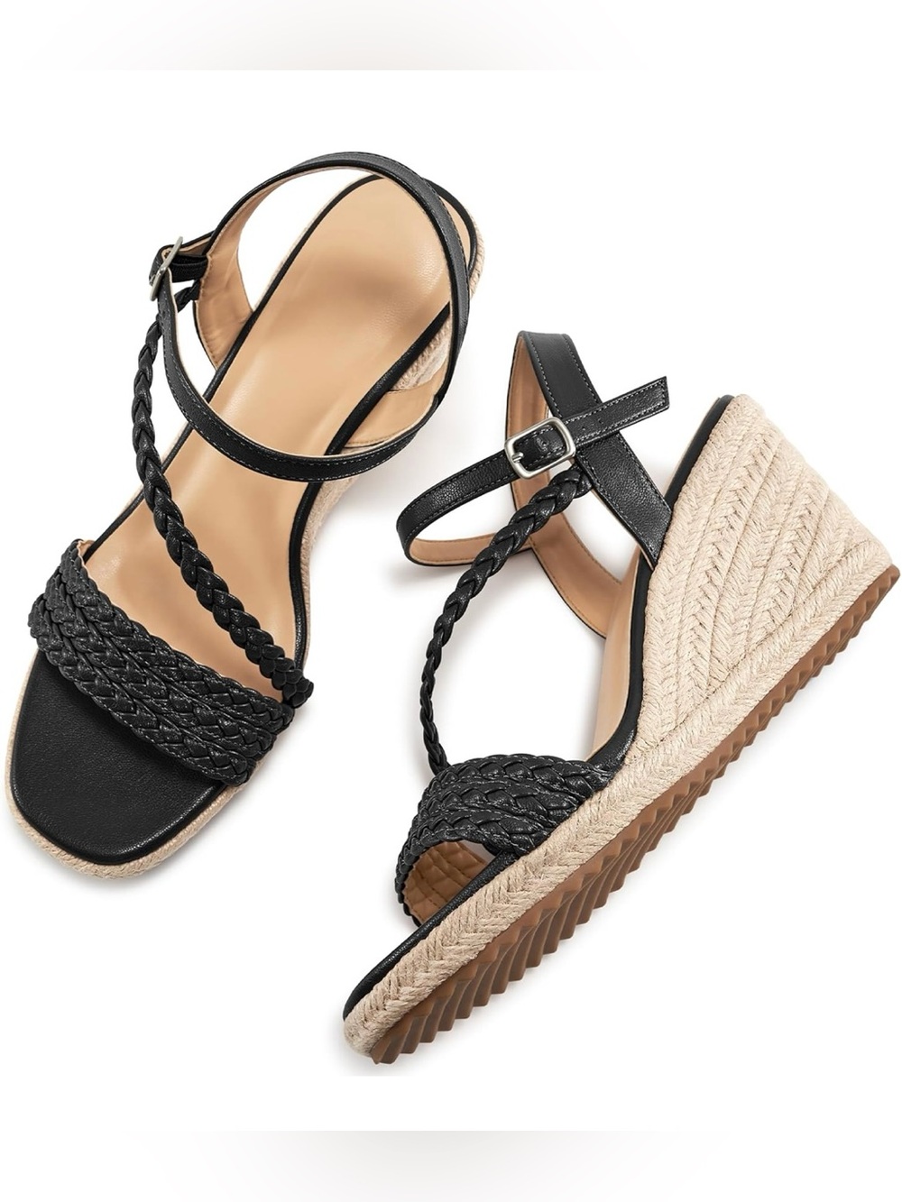 Black Braided Espadrille Wedge Sandals